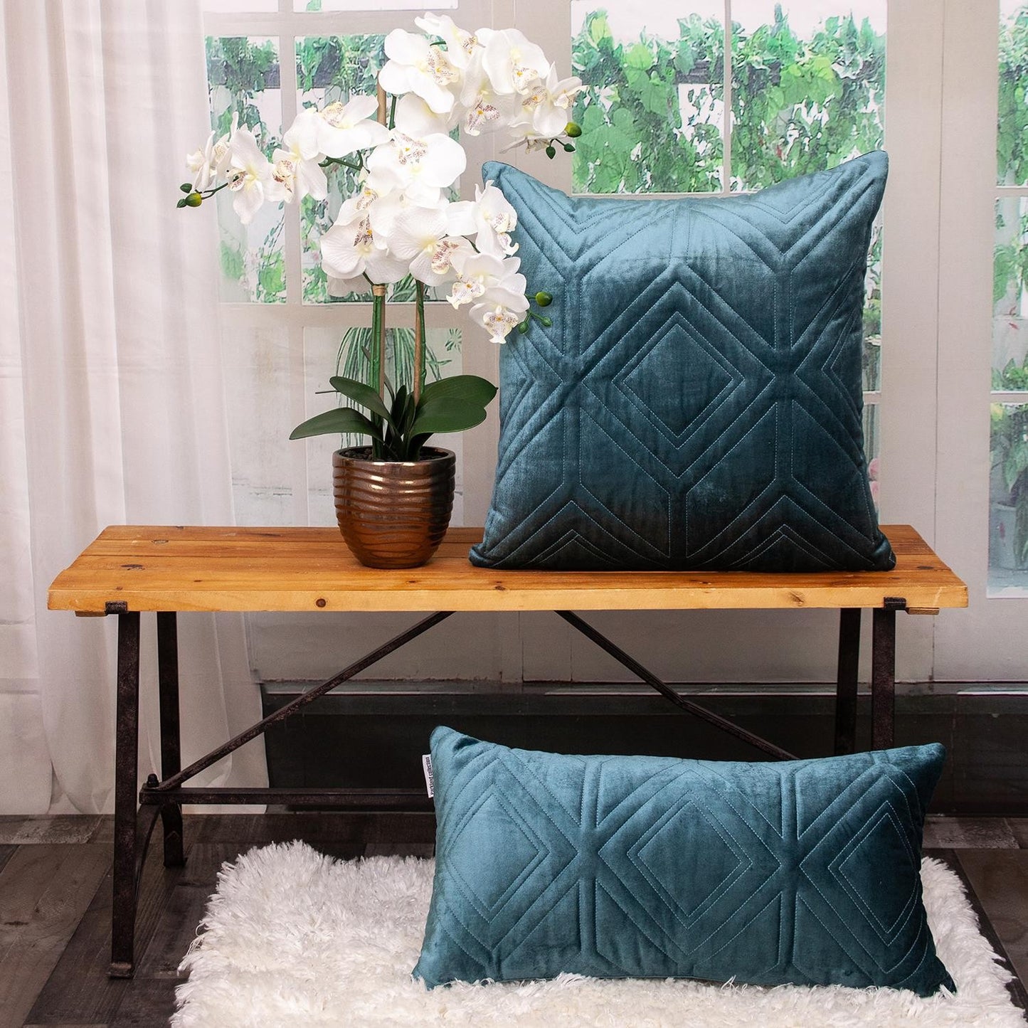 Teal Quilted Diamonds Velvet Solid Color Throw Pillow