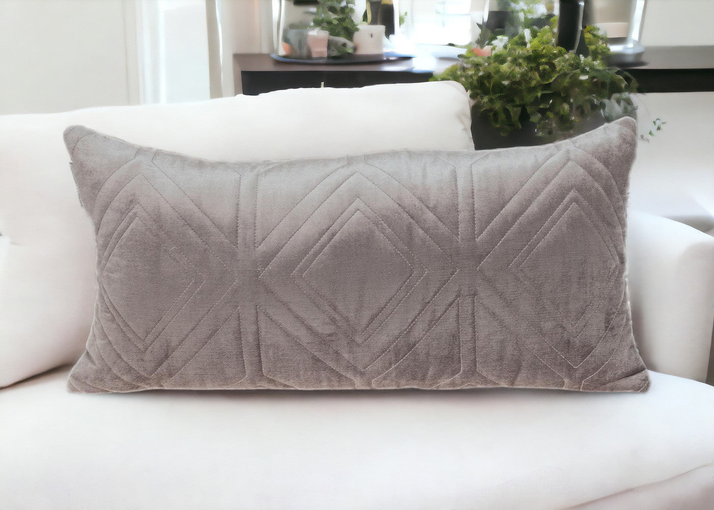 Taupe Quilted Diamonds Velvet Solid Color Lumbar Pillow