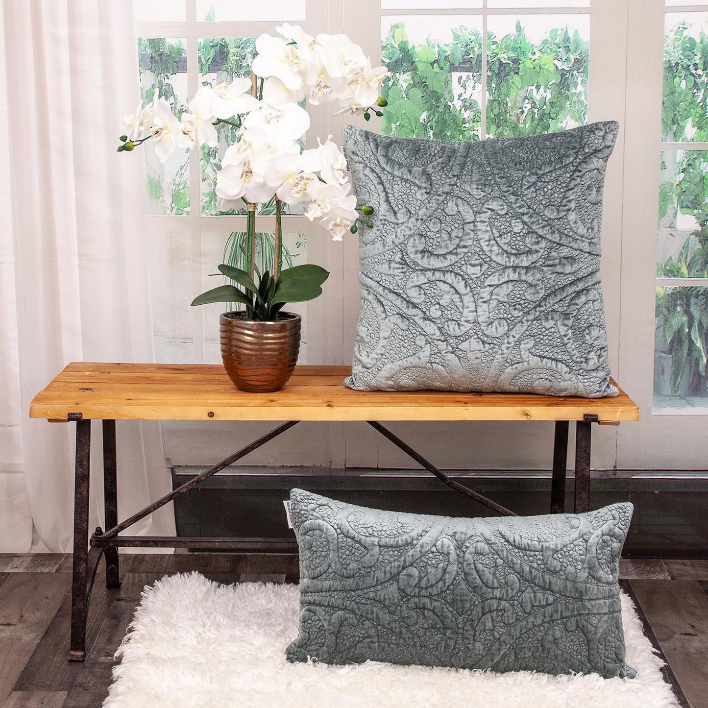 Seafoam Gray Quilted Velvet Lumbar Throw Pillow