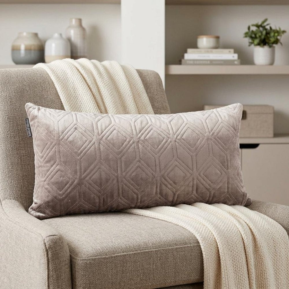 12" X 24" Taupe Lumbar Geometric Diamonds Cotton Blend Throw Pillow
