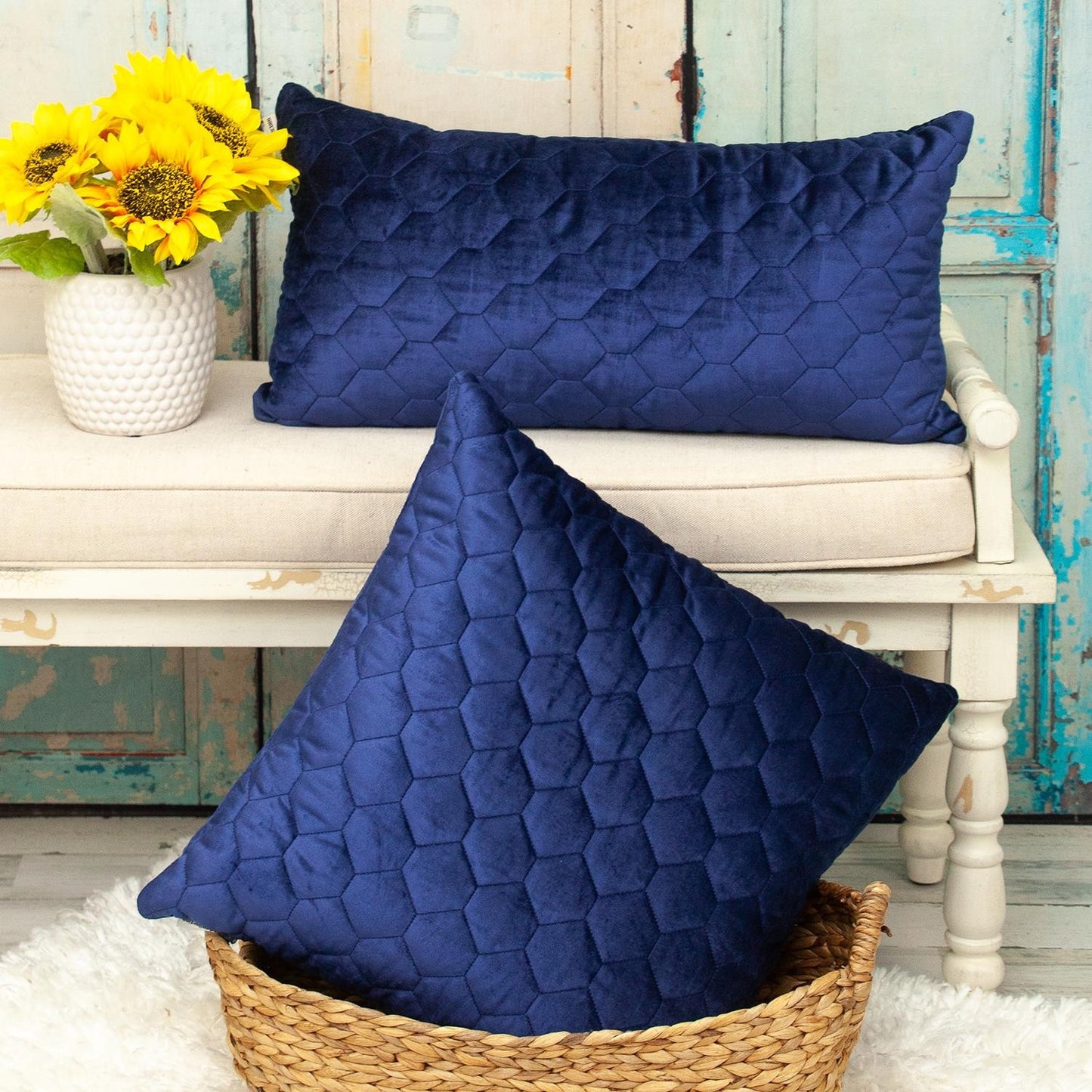 Blue Tufted Velvet Quilted Lumbar Throw Pillow