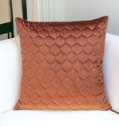 20" Burnt Orange Quilted Honeycomb Velvet Throw Pillow