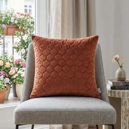 20" Burnt Orange Quilted Honeycomb Velvet Throw Pillow