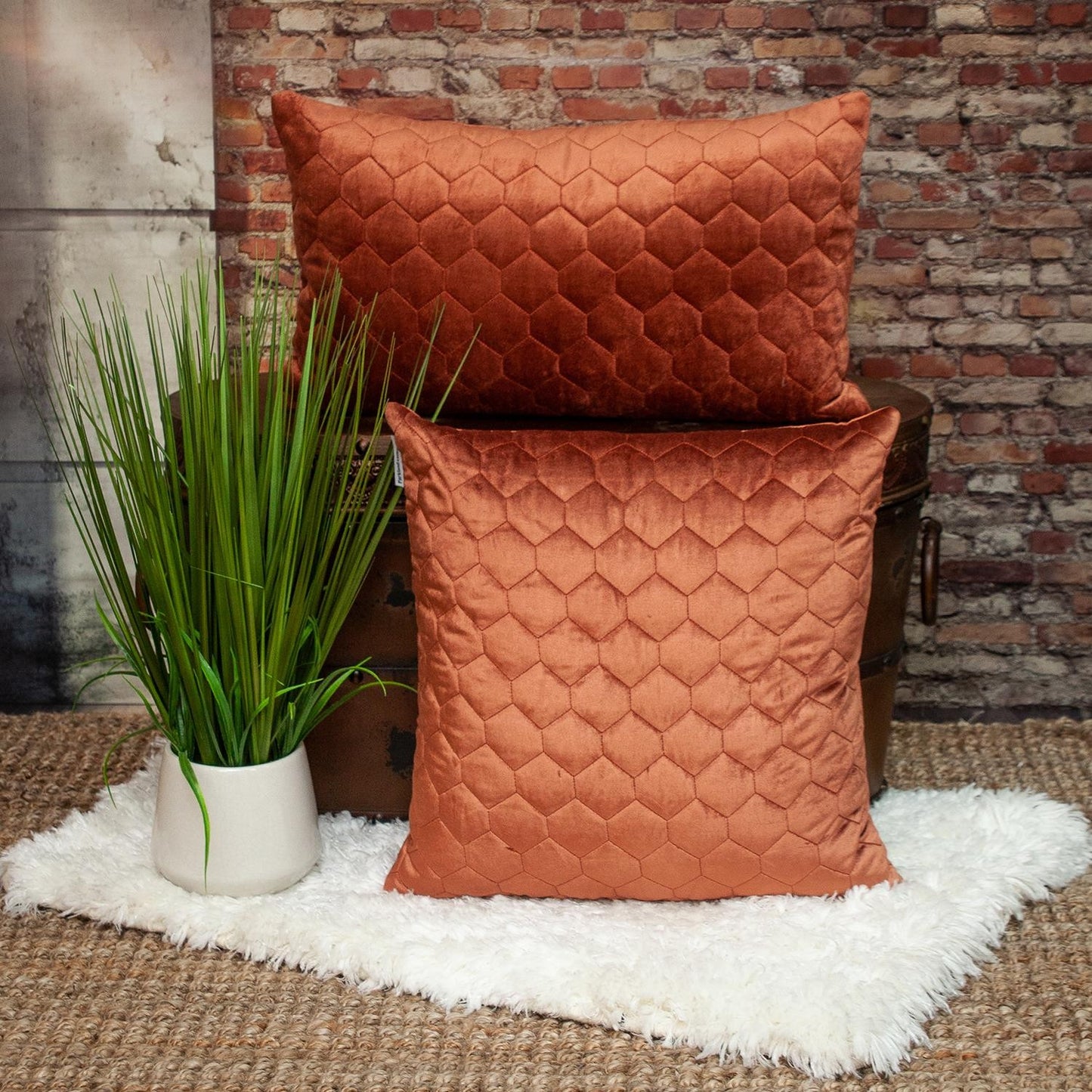 Burnt Orange Tufted Velvet Quilted Lumbar Throw Pillow