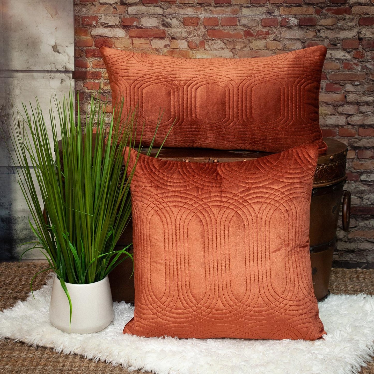 Quilted Velvet Burnt Orange Square Throw Pillow