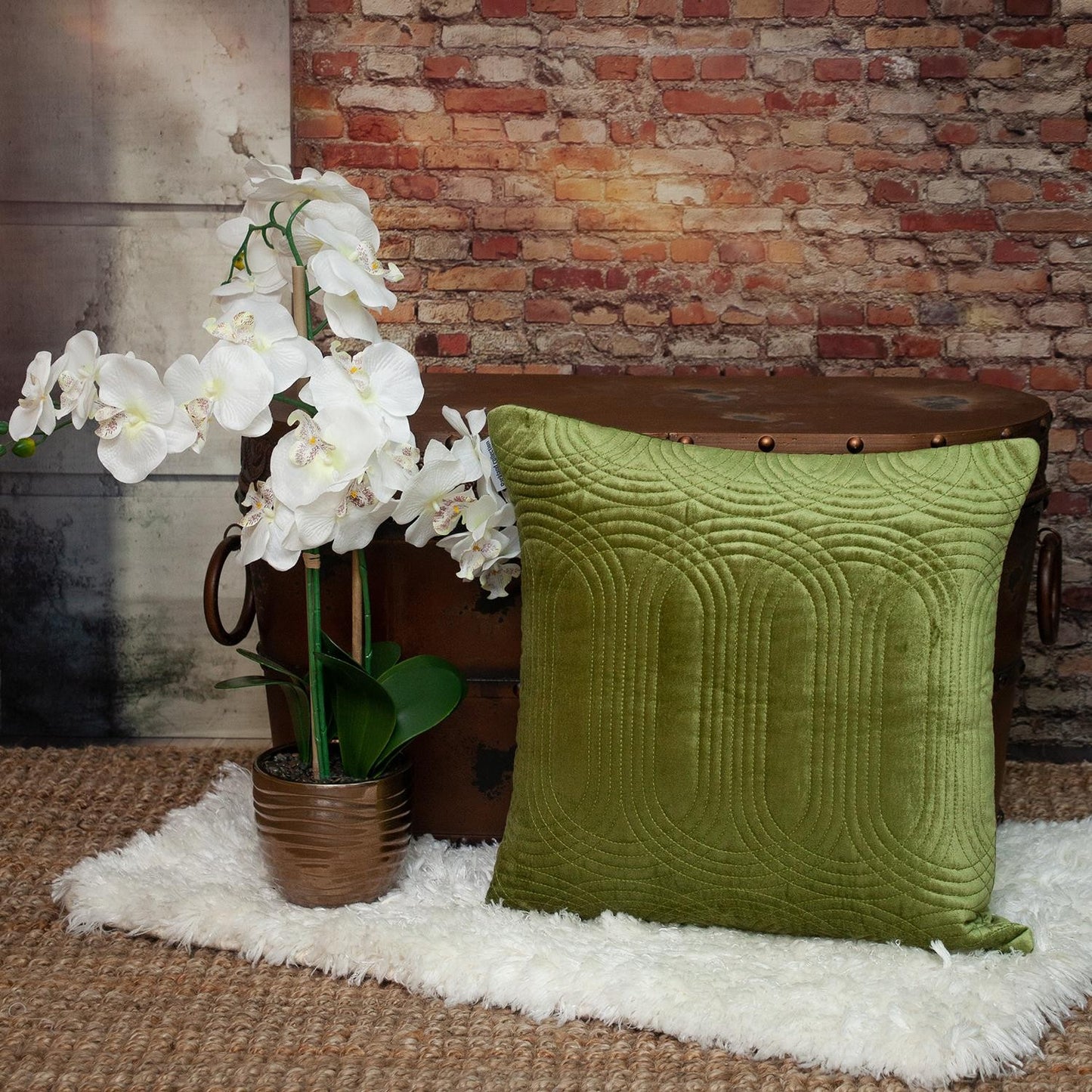 Quilted Velvet Olive Square Throw Pillow