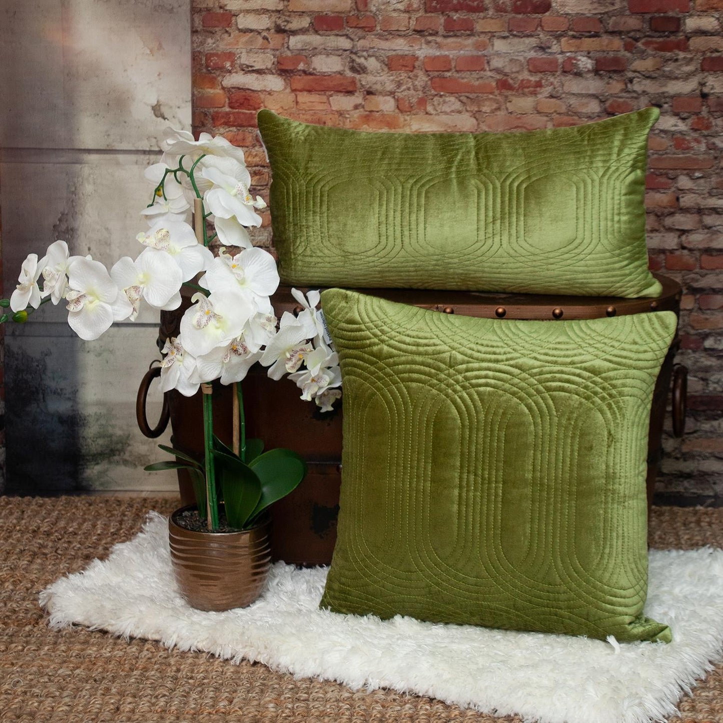 Quilted Velvet Olive Square Throw Pillow