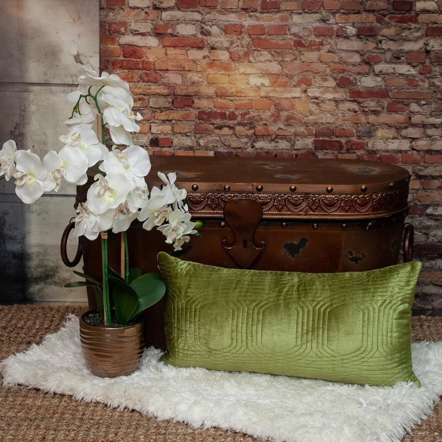 Quilted Velvet Olive Lumbar Throw Pillow