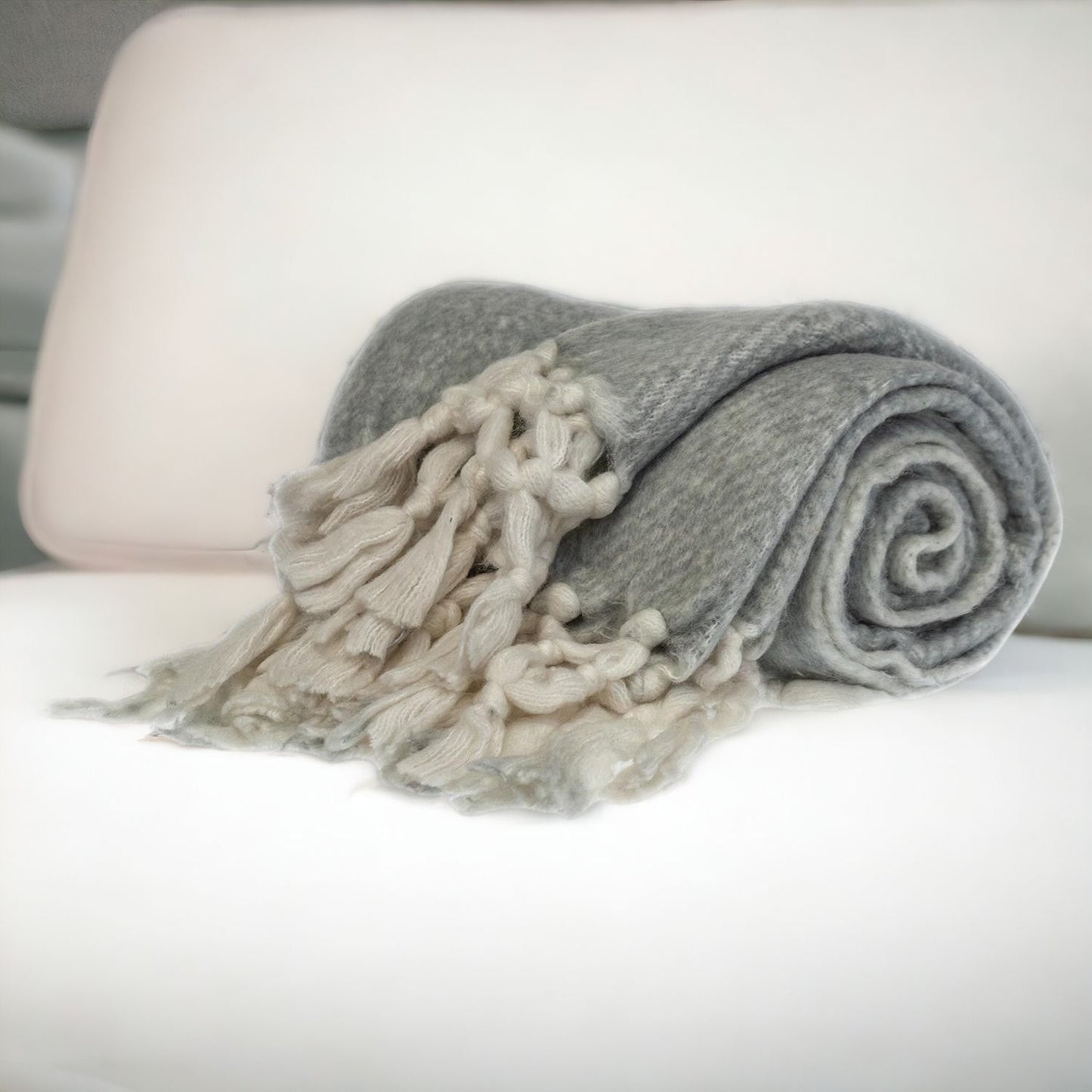 Super Soft Gray and White Chevron Handloomed Mohair Throw Blanket