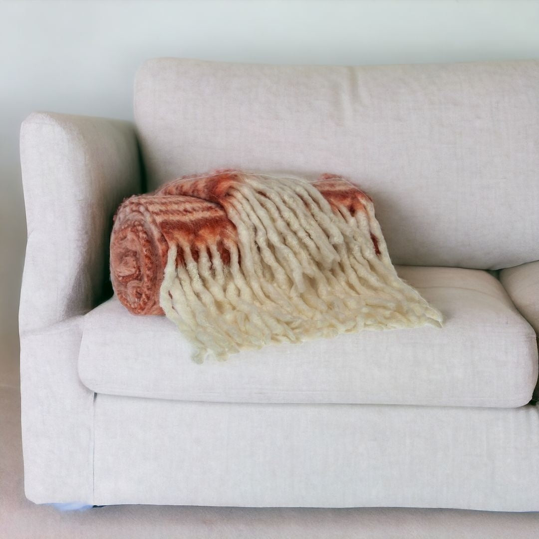 Super Soft Red and White Chevron and Striped Handloomed Throw Blanket