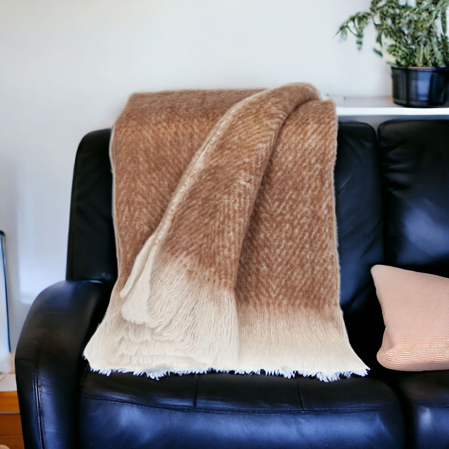 Brown And White Knitted Acrylic Abstract Reversable Throw