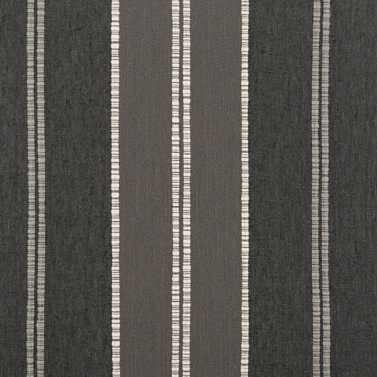 Woven fabric with vertical charcoal and taupe stripes and thin white dotted lines; suitable for upholstery or curtains.
