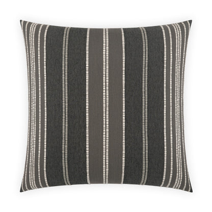 Square charcoal gray throw pillow with charcoal stripes, woven texture; modern striped decor accent.