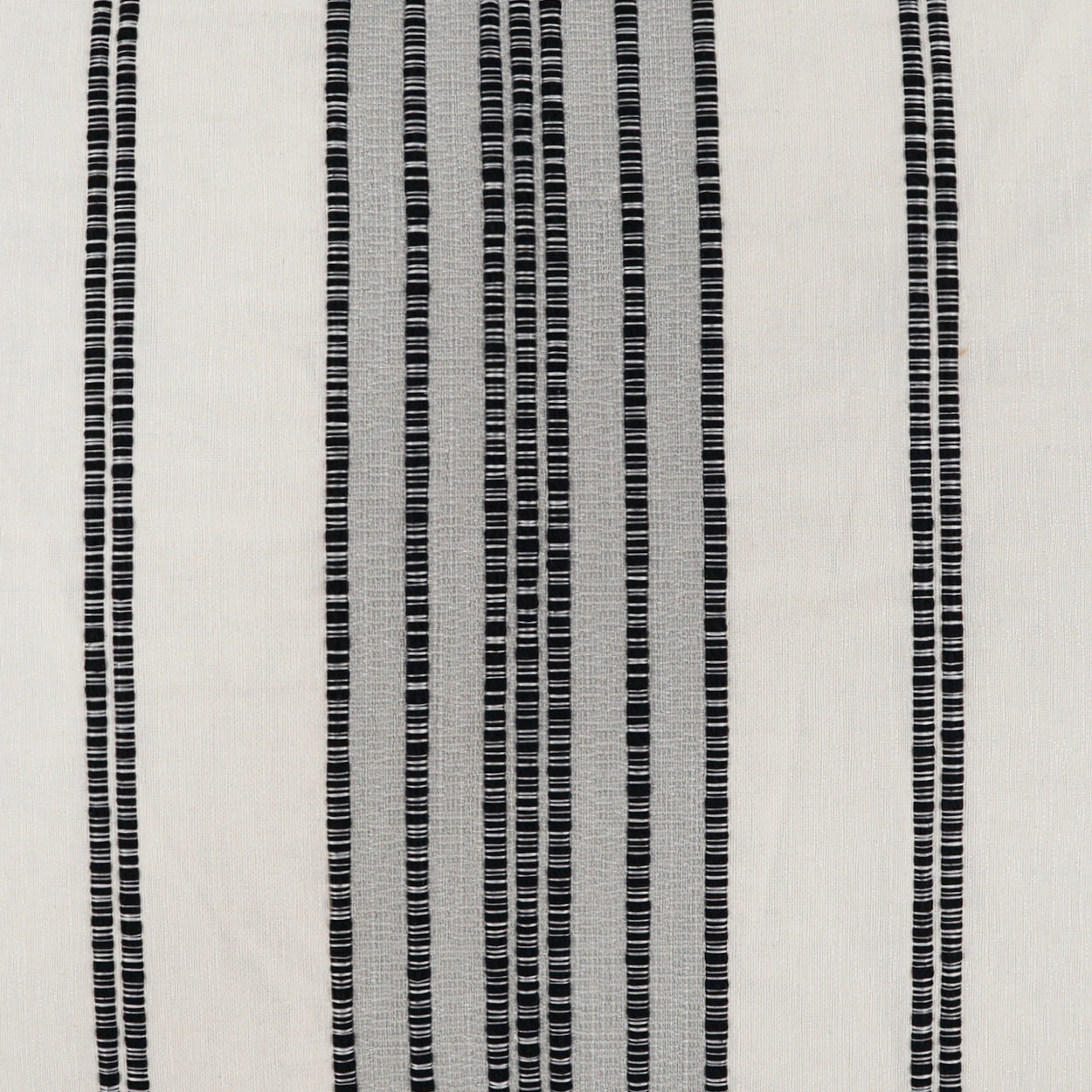 Cream woven fabric with narrow black dotted vertical stripes in a minimalist striped pattern.