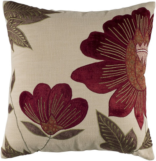 18" Beige and Red Floral Throw Pillow With Embroidery