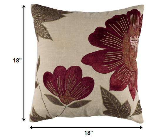 18" Beige and Red Floral Throw Pillow With Embroidery