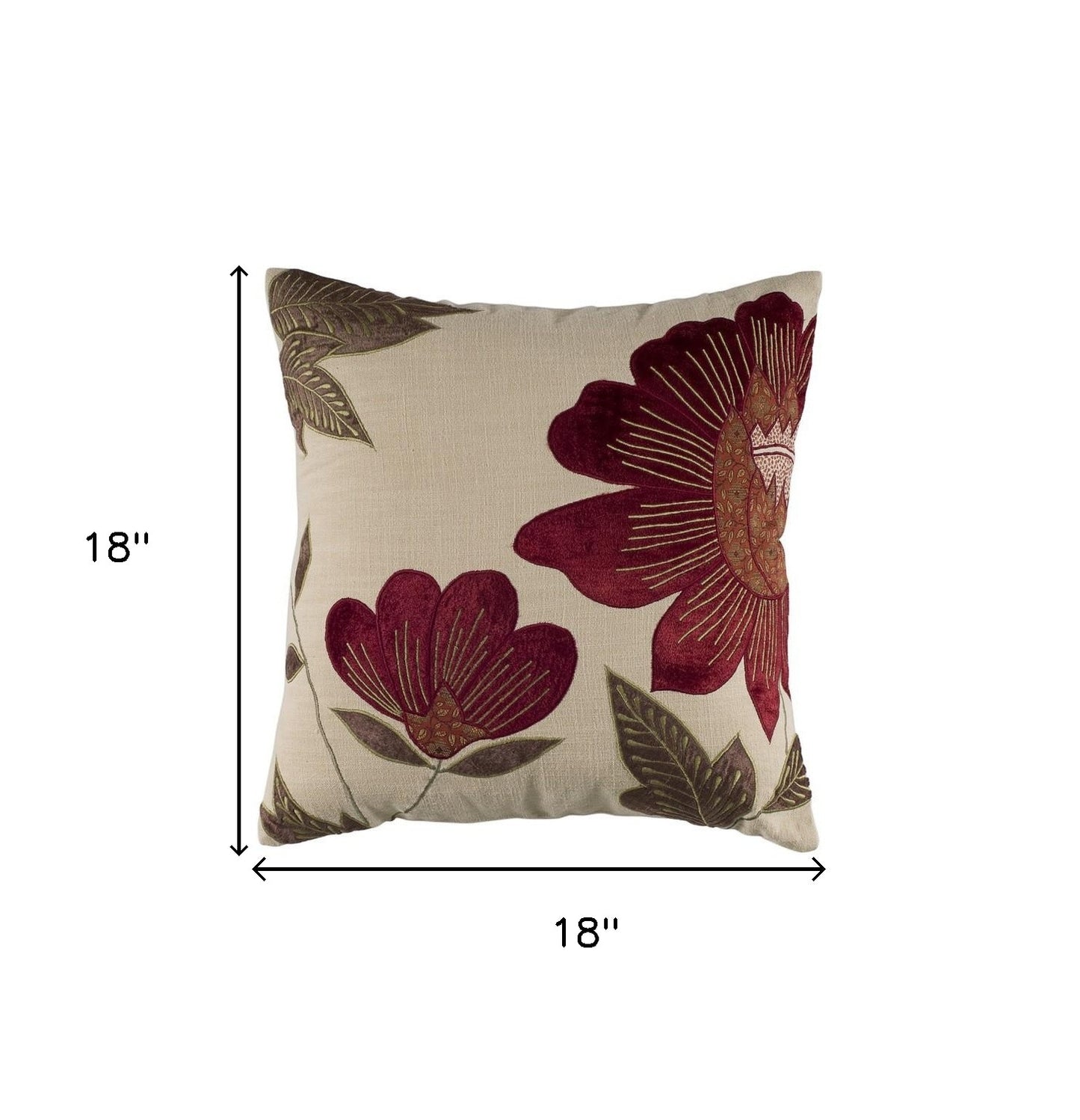 18" Beige and Red Floral Throw Pillow With Embroidery