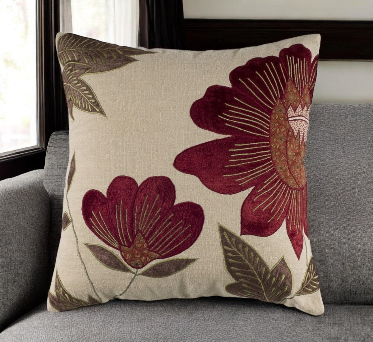 18" Beige and Red Floral Throw Pillow With Embroidery