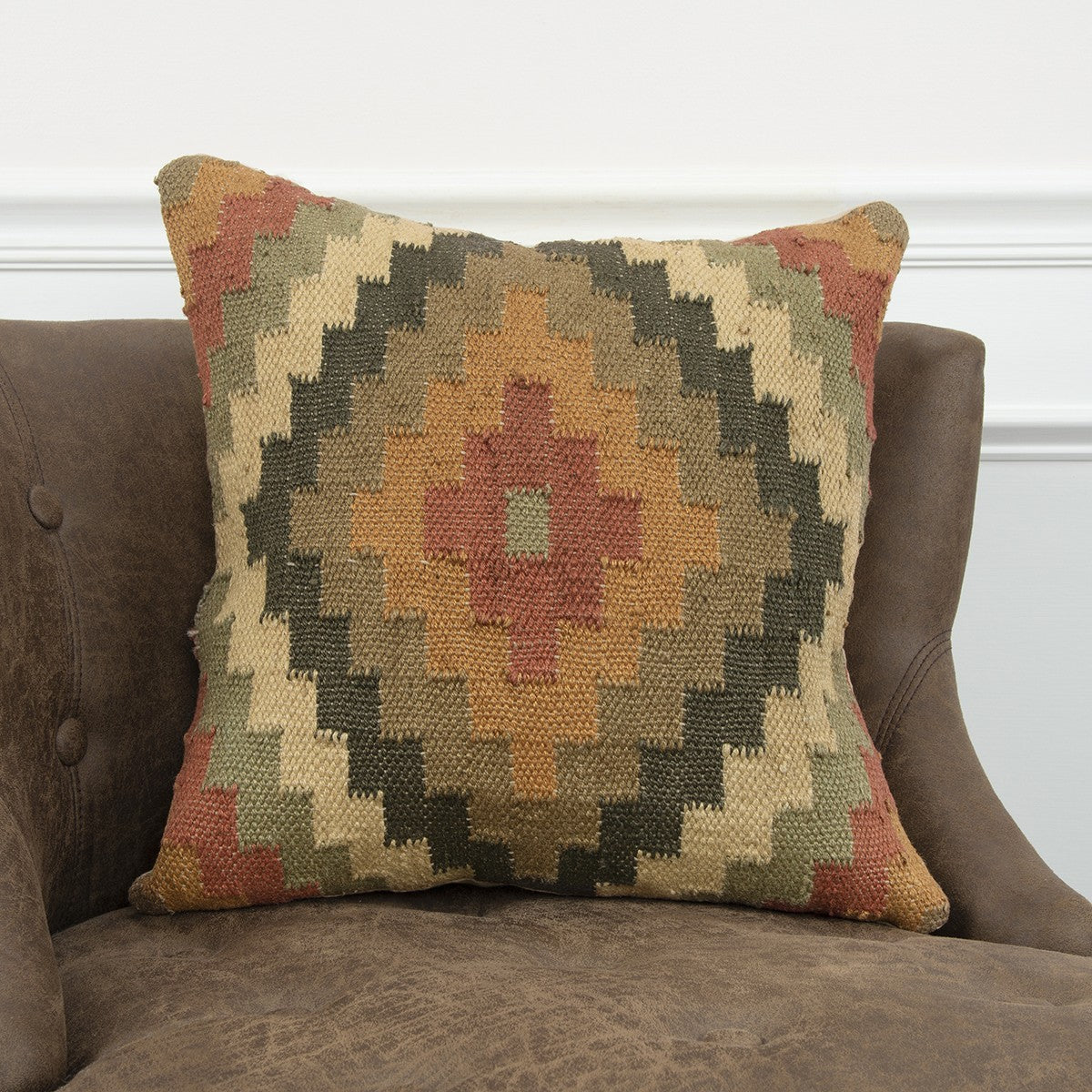 18" Brown and Green Geometric Jute Wool Blend Throw Pillow