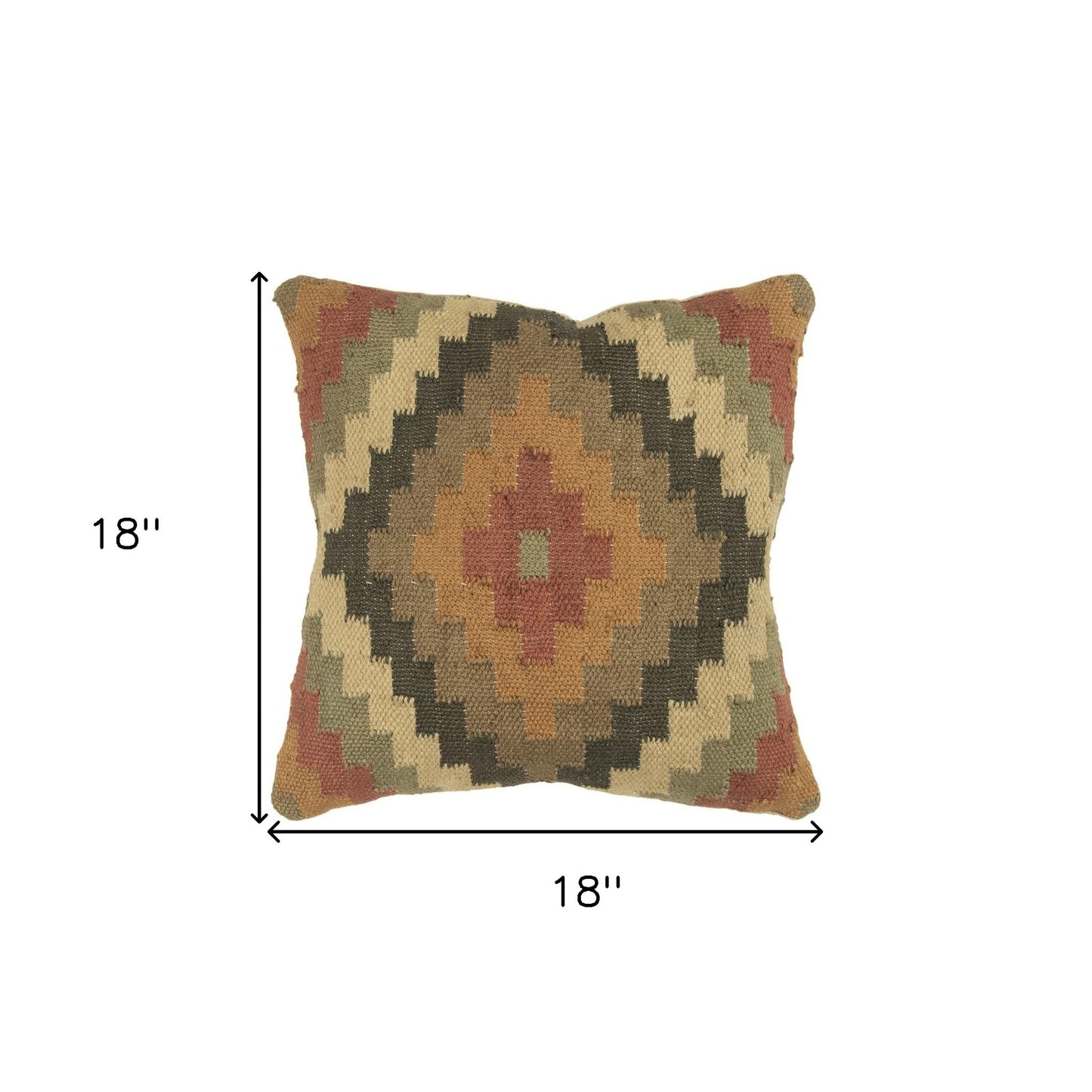 18" Brown and Green Geometric Jute Wool Blend Throw Pillow