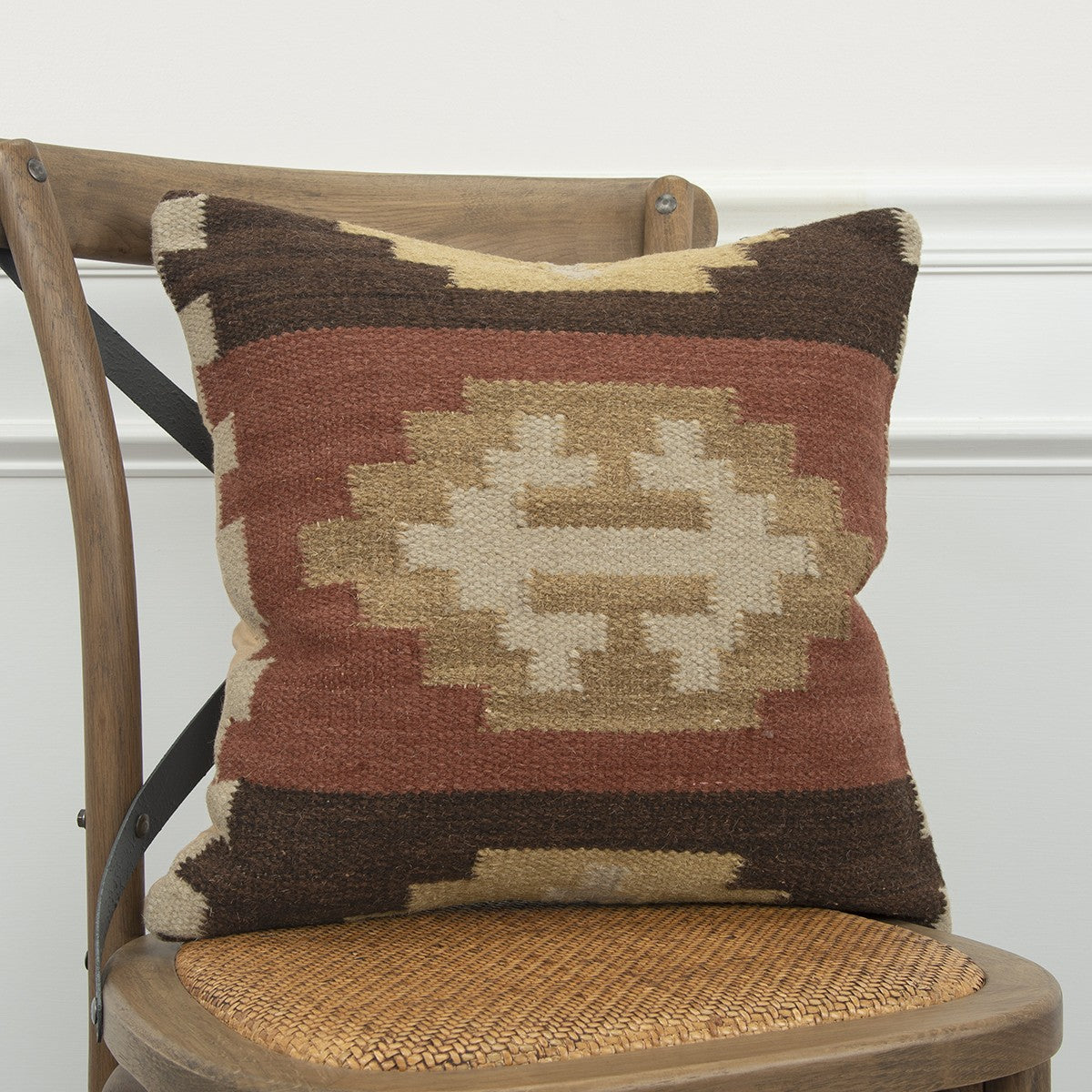 18" Brown and Beige Geometric Jute Wool Blend Throw Pillow