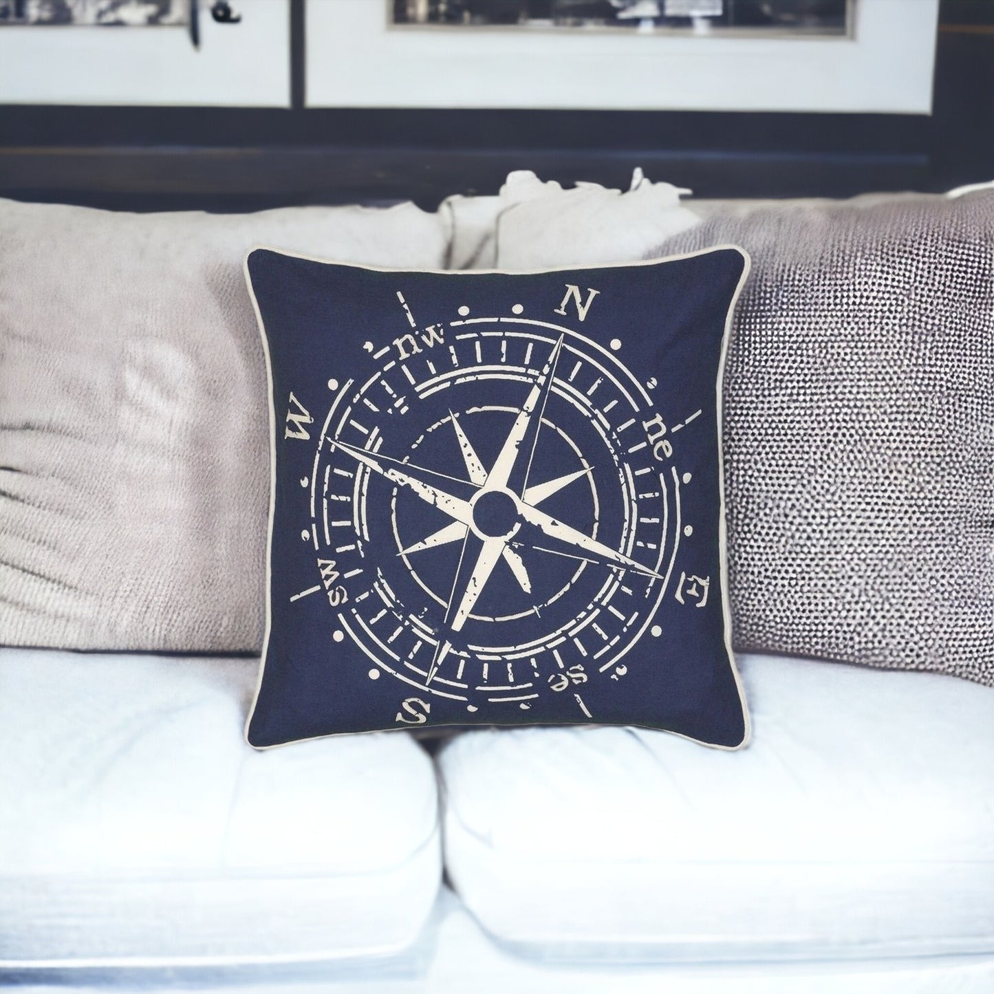 18" Navy and White Nautical Compass Throw Pillow