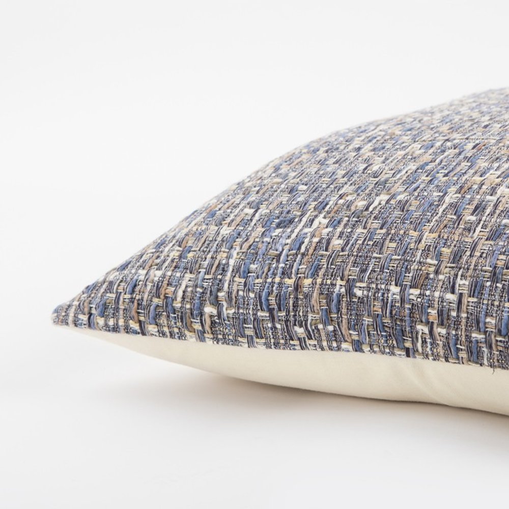 22" Blue And Gray Geometric Weave Nubby Cotton Throw Pillow with Texture