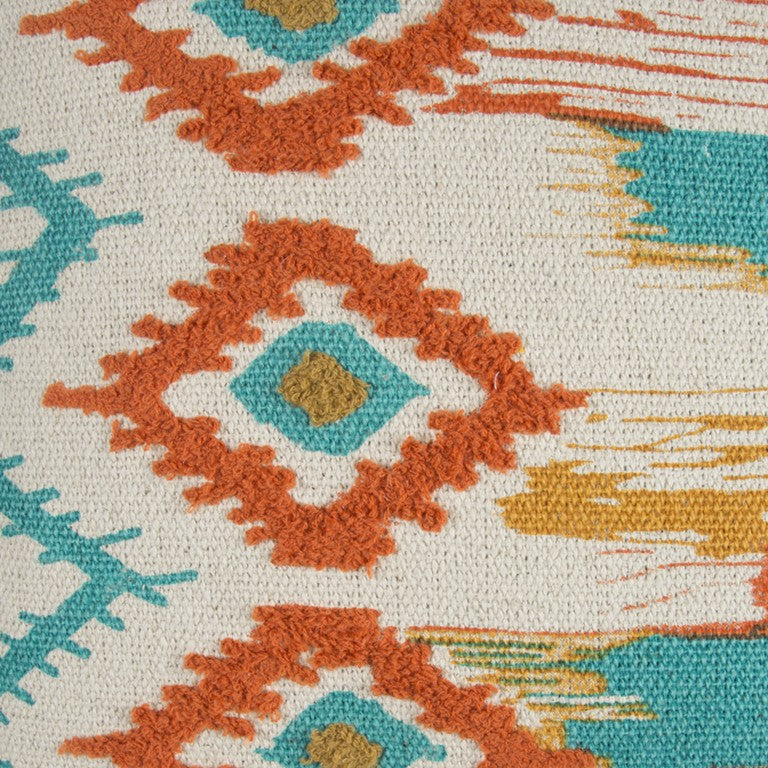 20" X 20" Ivory Blue and Orange Ikat Cotton Zippered Pillow With Embroidery