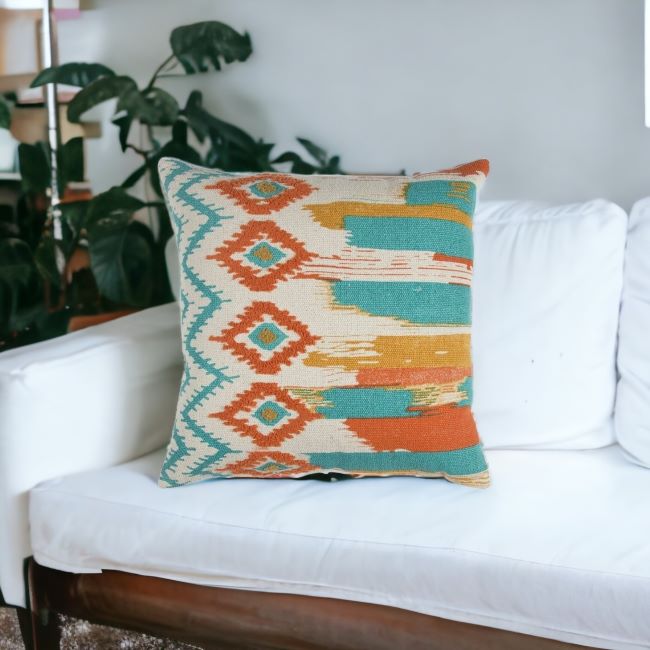 20" X 20" Ivory Blue and Orange Ikat Cotton Zippered Pillow With Embroidery