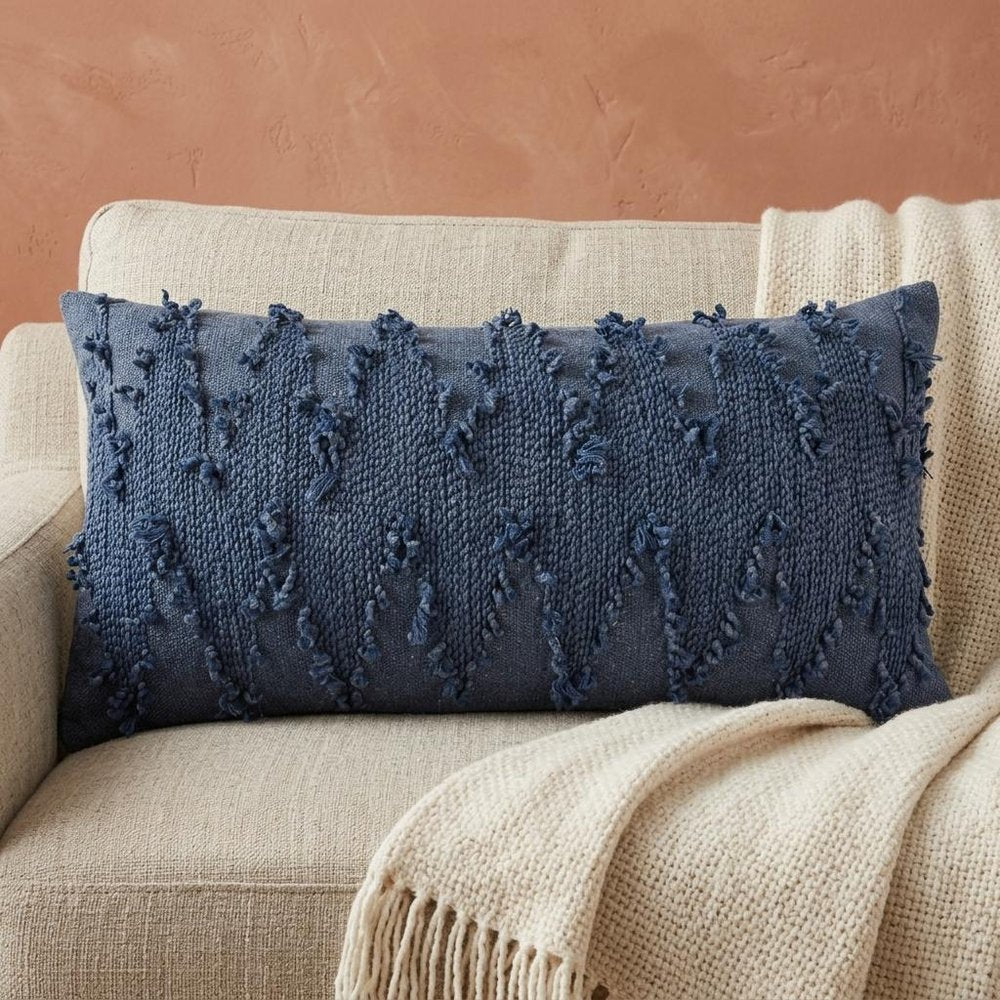 14" X 26" Indigo Cotton Lumbar Throw Pillow with Texture