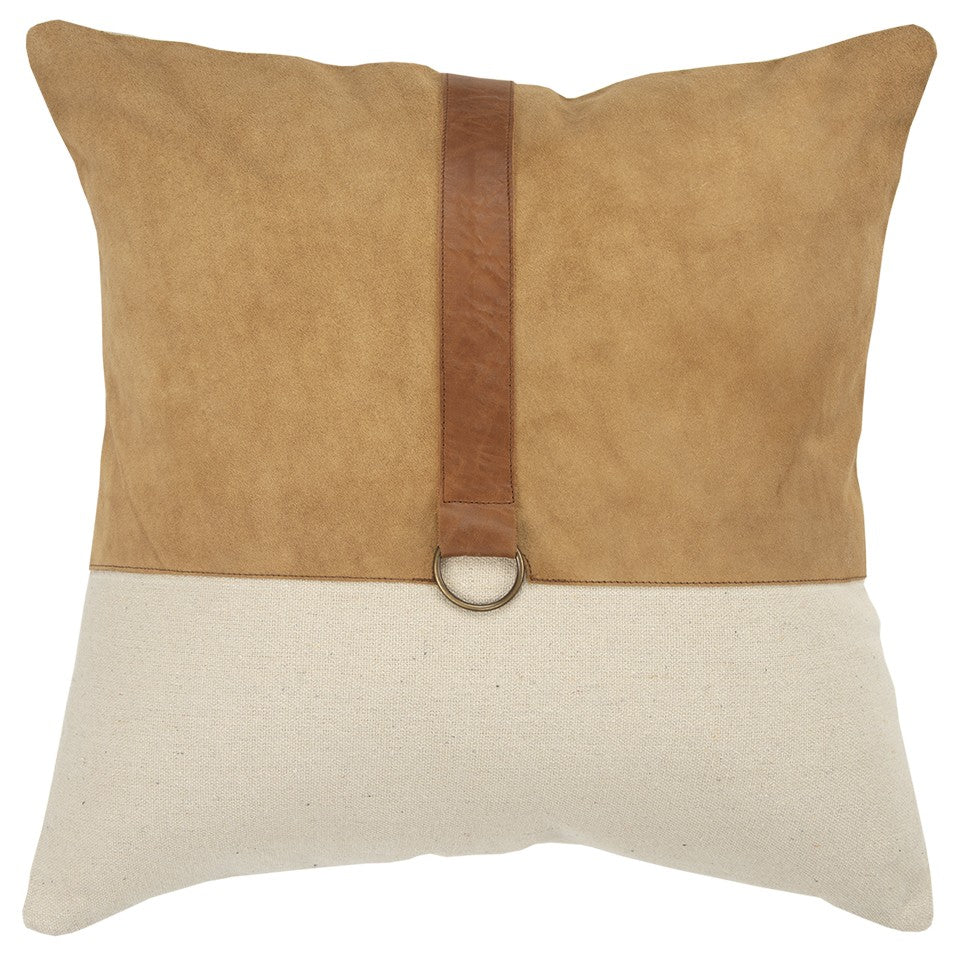 20" Natural and Brown Cotton and Leather Throw Pillow