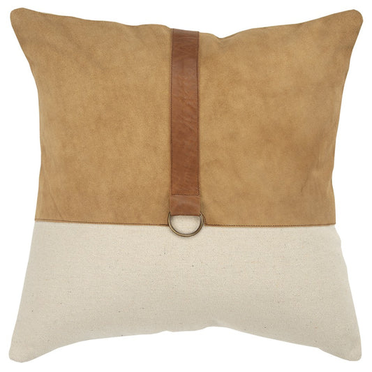 20" Natural and Brown Cotton and Leather Throw Pillow