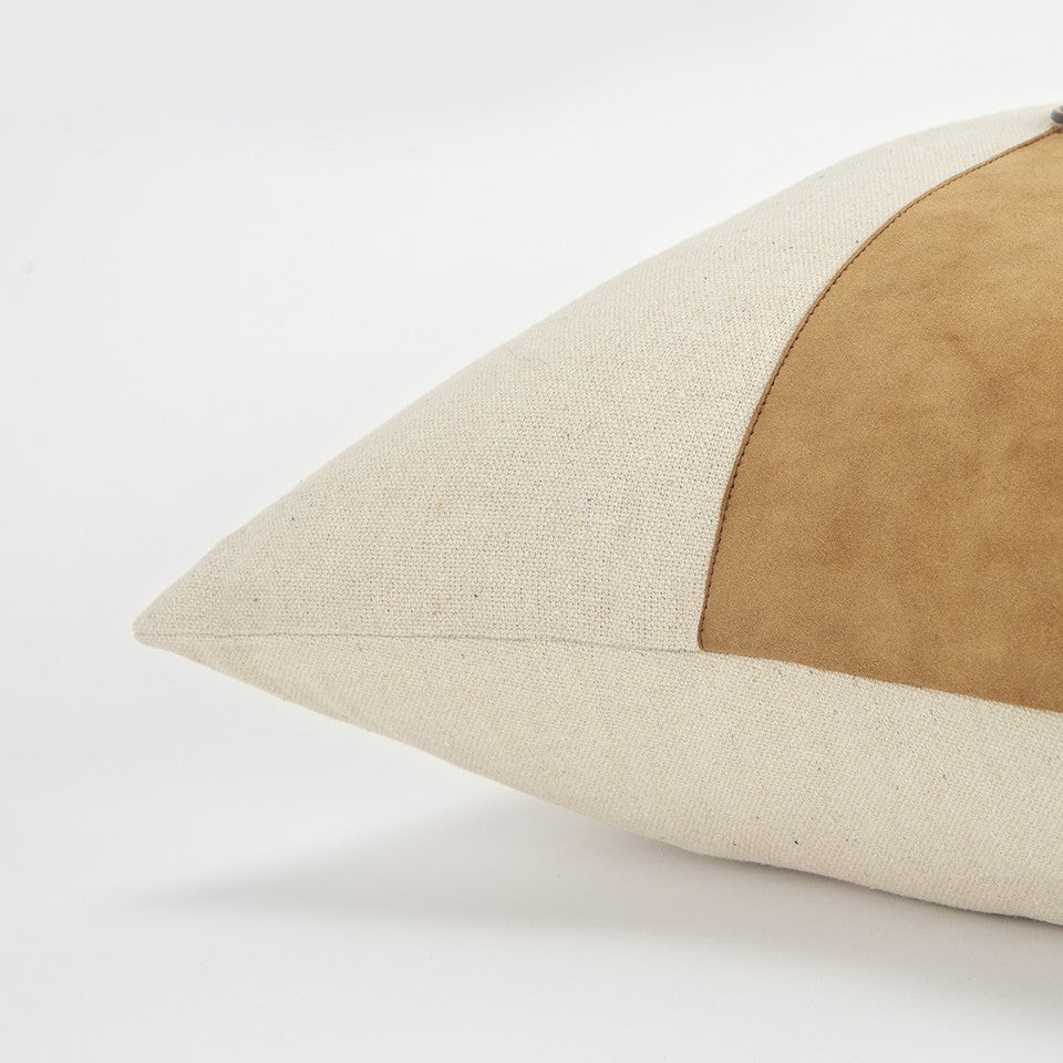 20" Natural and Brown Cotton and Leather Throw Pillow