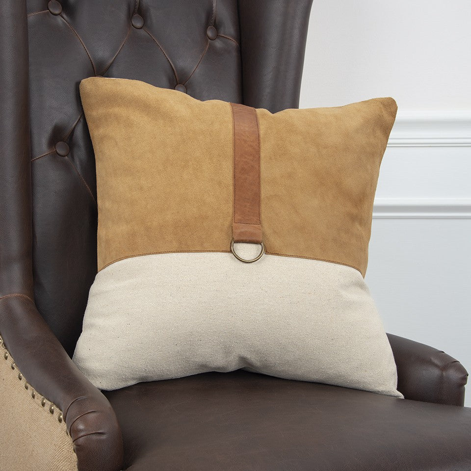 20" Natural and Brown Cotton and Leather Throw Pillow