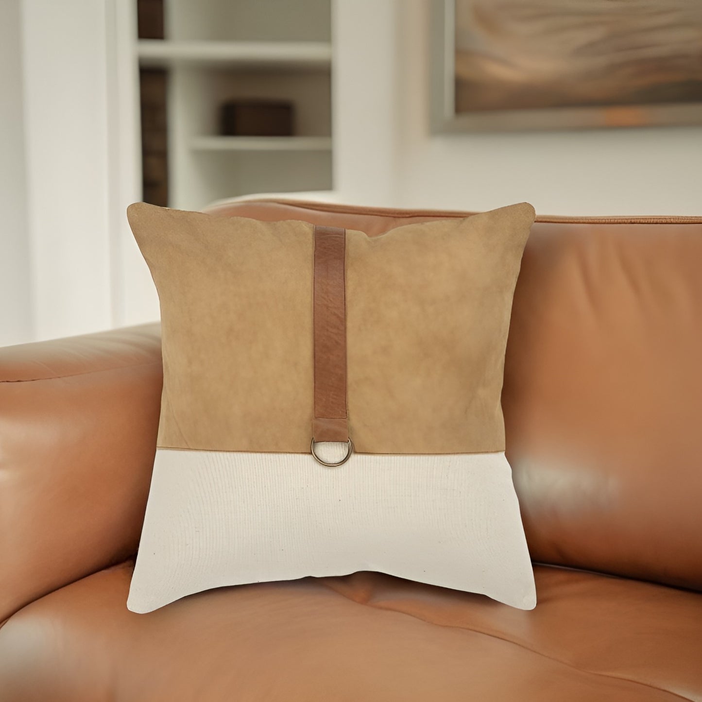 20" Natural and Brown Cotton and Leather Throw Pillow