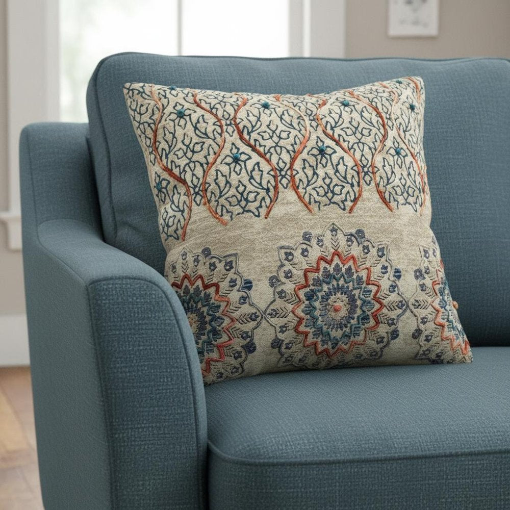 Beige Blue Distressed Floral Pattern Throw Pillow