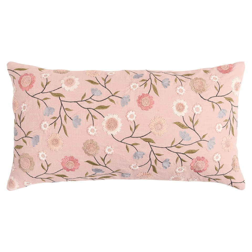 14" X 26" Blush Floral Cotton Throw Pillow With Embroidery