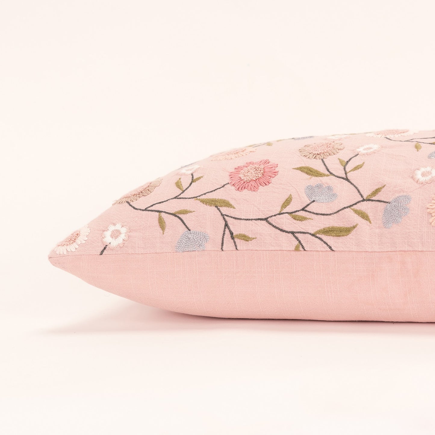 14" X 26" Blush Floral Cotton Throw Pillow With Embroidery