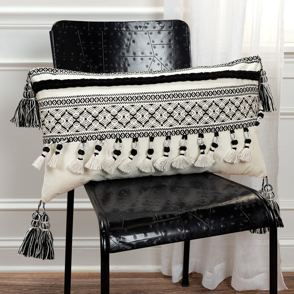 Black Ivory Ornate Panel and Tassel Lumbar Pillow