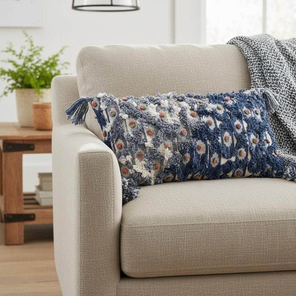 14 X 26 Blue And Gray Zippered 100% Cotton Throw Pillow