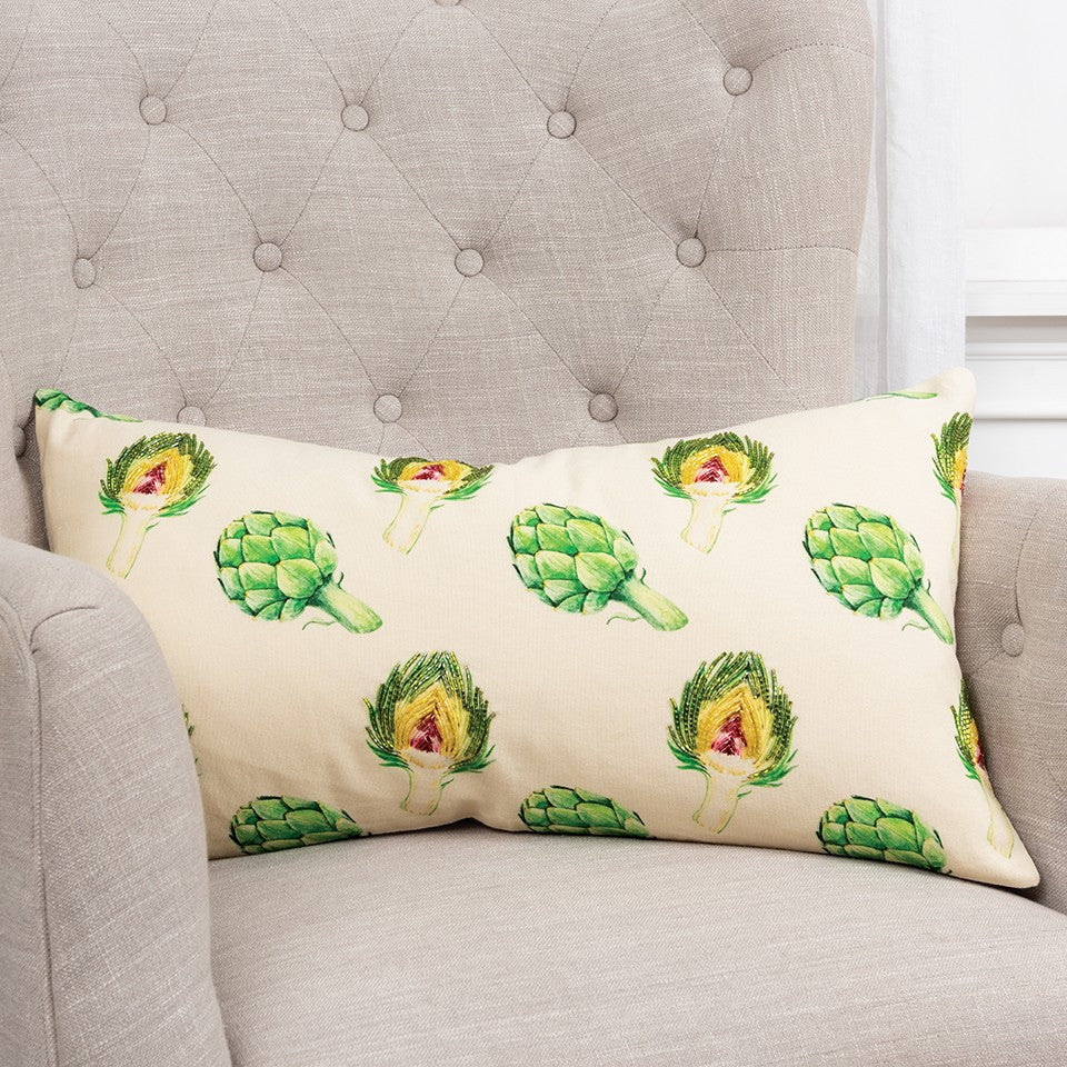 Lemon Green Artichoke Embroidered Lumbar Pillow