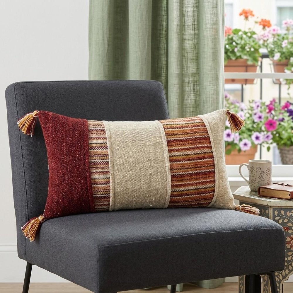 Brown Beige Color Blocked Lumbar Pillow