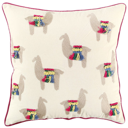 Ivory Fiesta Fun Embroidered Llamas Throw Pillow