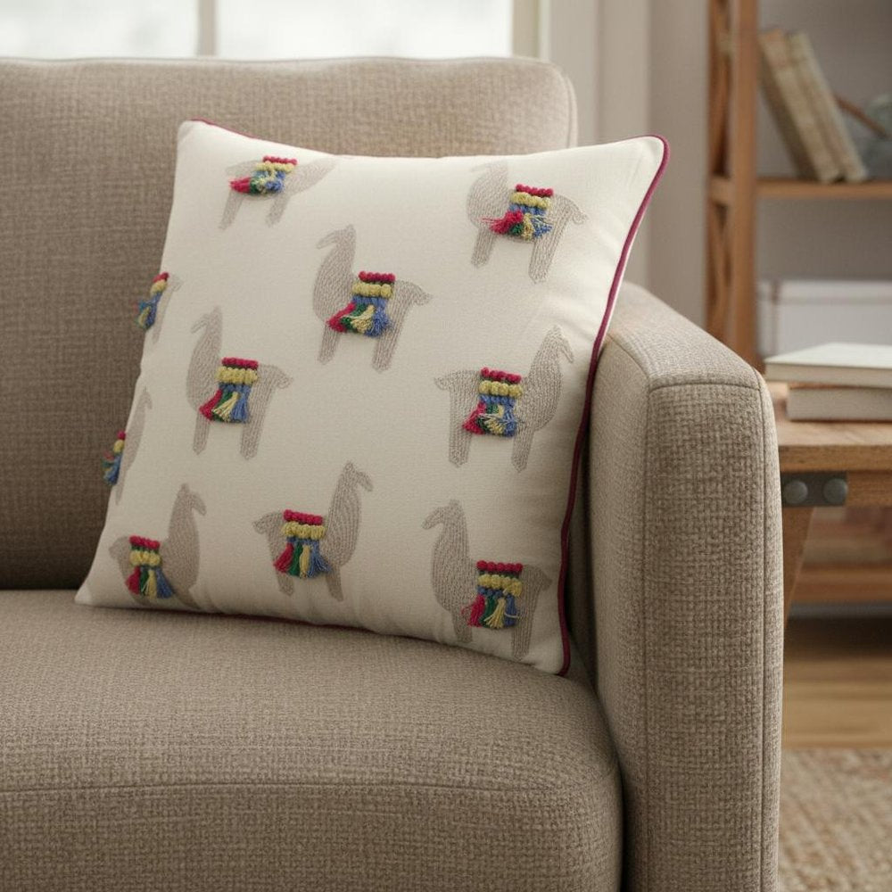 Ivory Fiesta Fun Embroidered Llamas Throw Pillow