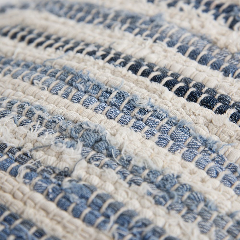 14" X 26" Denim Blue And Ivory Cotton Throw Pillow with Tassels And Texture