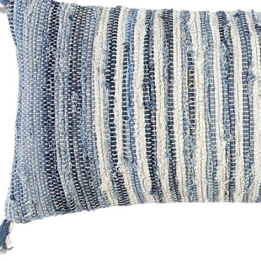 14" X 26" Denim Blue And Ivory Cotton Throw Pillow with Tassels And Texture