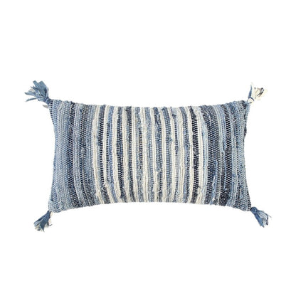 14" X 26" Denim Blue And Ivory Cotton Throw Pillow with Tassels And Texture