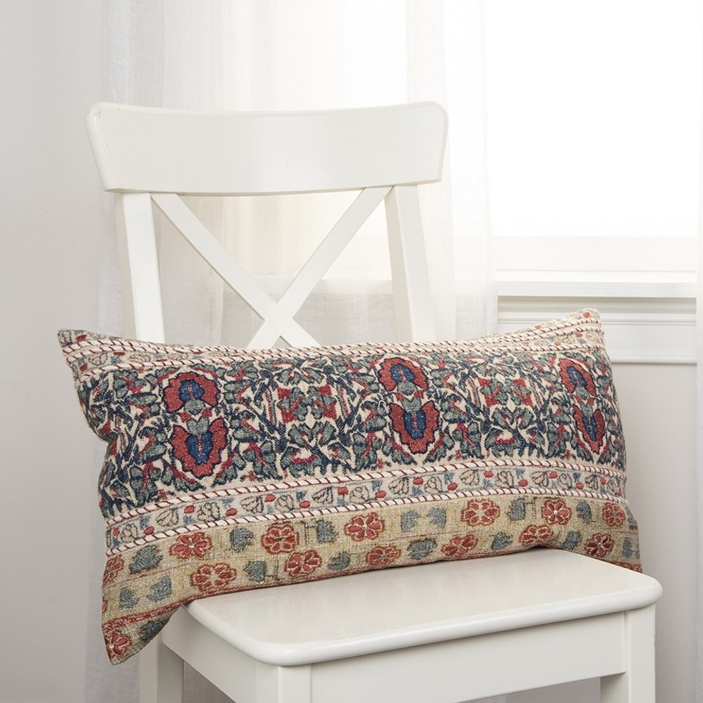 Red Beige Patterned Panel Lumbar Pillow