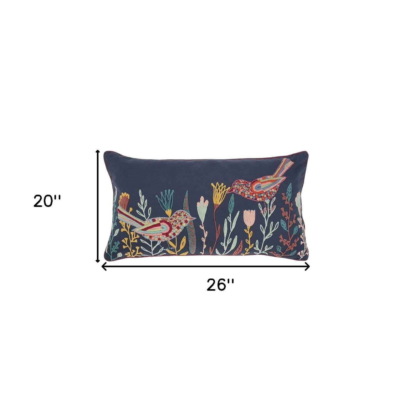 Blue Botanical and Bird Embroidered Lumbar Pillow