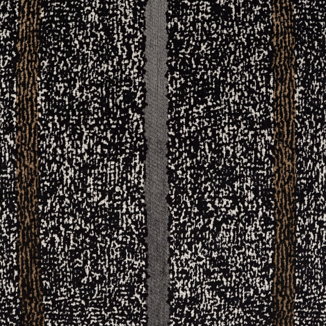 Gray tweed fabric with black and white speckle and brown vertical stripes; textured upholstery textile.